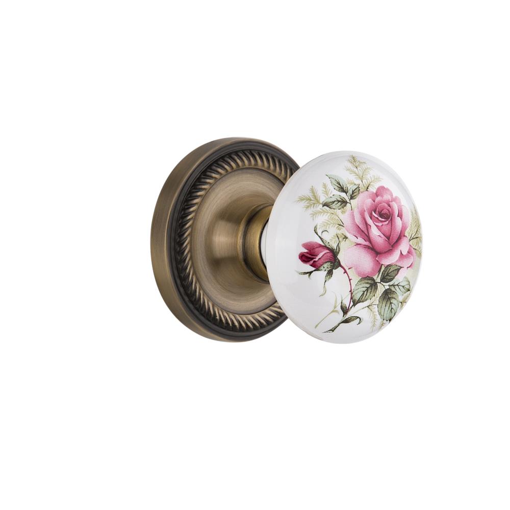 Nostalgic Warehouse ROPROS Privacy Knob Rope Rose with Rose Porcelain Knob in Antique Brass
